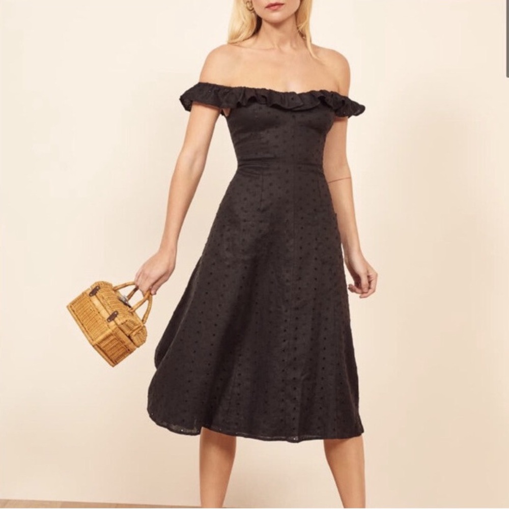 Reformation Off-Shoulder Black Eyelet Linen Dress
